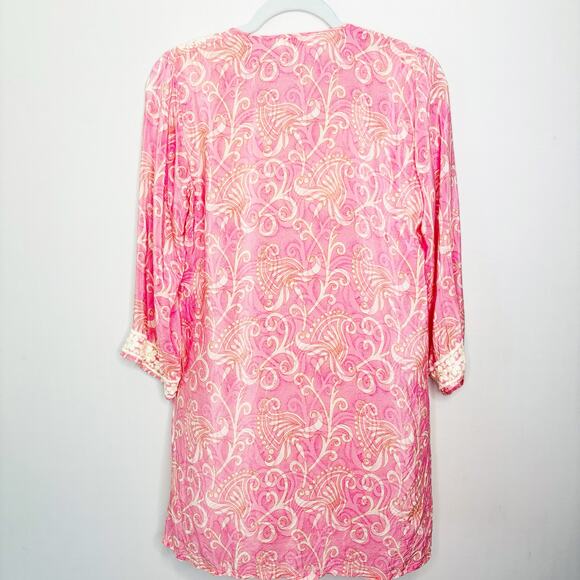 Amaya Pink Silk Tunic Size 38/M Floral Embroidered Neckline Cuffs Scroll - Picture 7 of 12